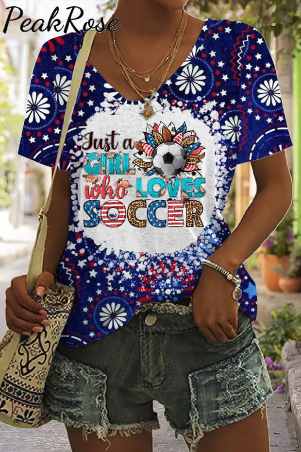 Just A Girl Who Loves Soccer Print Tie-Dye V Neck T-Shirt T-Shirt