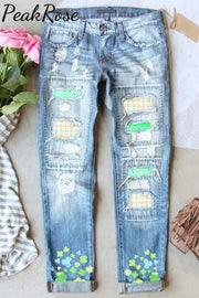 Kitten On St.patricks Day Lucky Shamrock Denim Jeans