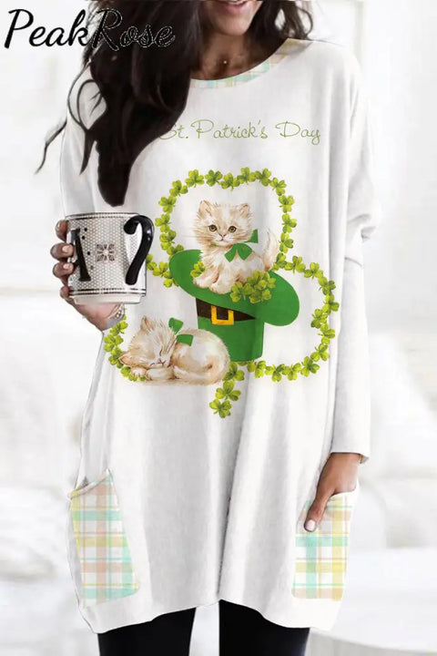 Kitten On St.patricks Day Lucky Shamrock Loose Tunic With Pockets