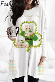 Kitten On St.patricks Day Lucky Shamrock Loose Tunic With Pockets Photo Color / S