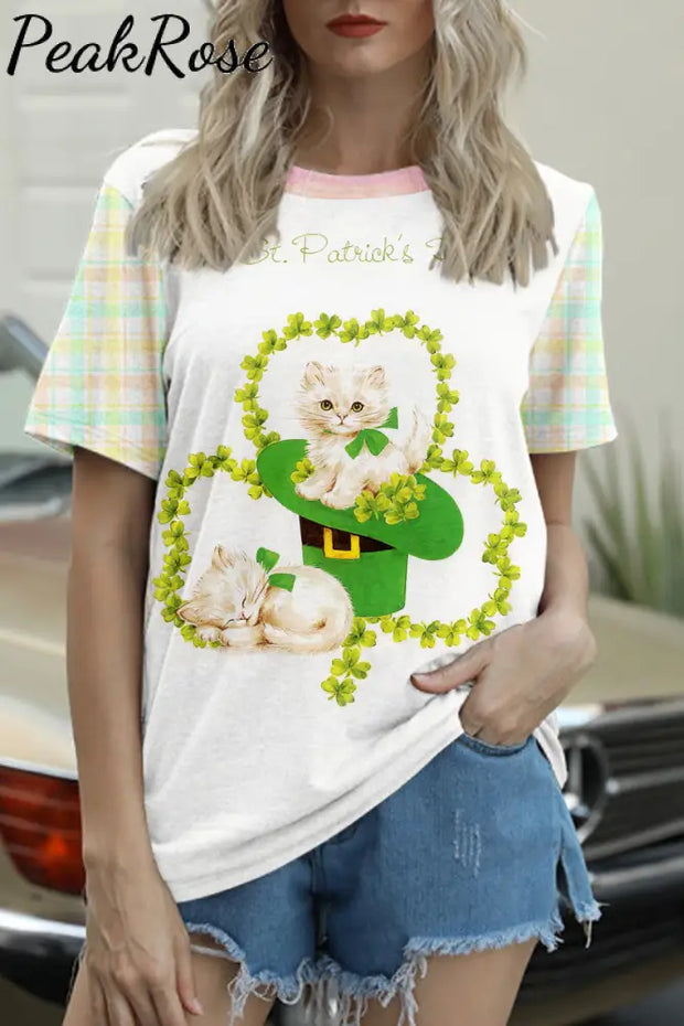 Kitten On St.patricks Day Lucky Shamrock Short-Sleeved T-Shirt Top S / Photo Color