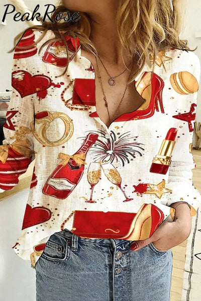 Ladies Holiday Print Long Sleeve Shirt S / White Women