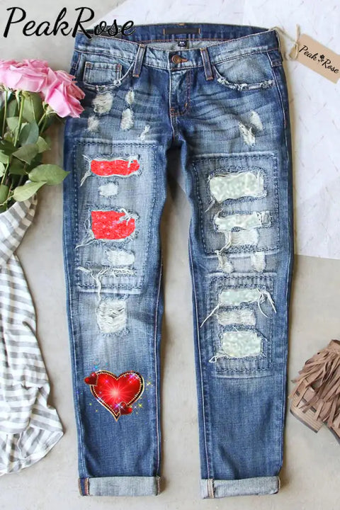 Laser Vintage Heart Print Ripped Jeans