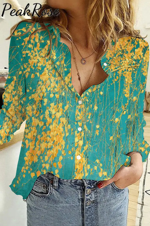 Leaf Paintings Long Sleeve Button Shirt S / Photo Color Women