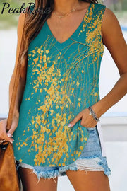 Leaf Paintings Sleeveless V-Neck Tank S / Photo Color Top