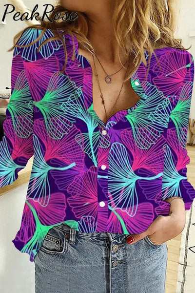 Leaf Pattern Long Sleeve Shirt S / Purple Women