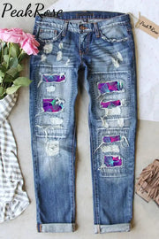 Leaf Pattern Ripped Denim Jeans