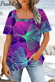 Leaf Pattern Square Neck T-Shirt S / Purple T-Shirt