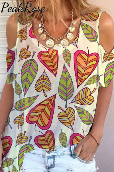 Leaves Heart-Shaped Retro Print Cold Shoulder T-Shirt S / Beige T-Shirt