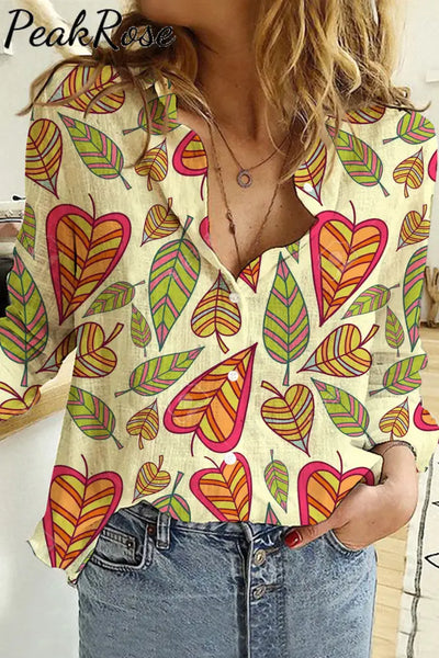 Leaves Heart-Shaped Retro Print Long Sleeve Shirt S / Beige Women