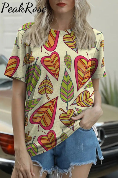 Leaves Heart-Shaped Retro Print T-Shirt S / Beige T-Shirt