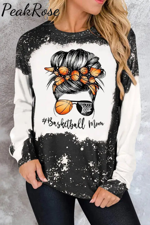 Leopard Basketball Mom Messy Bun Bleached Print Sweatshirt Black / S