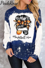 Leopard Basketball Mom Messy Bun Bleached Print Sweatshirt Blue / S