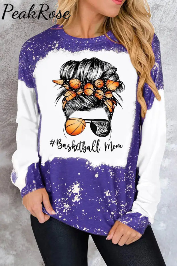 Leopard Basketball Mom Messy Bun Bleached Print Sweatshirt Purple / S