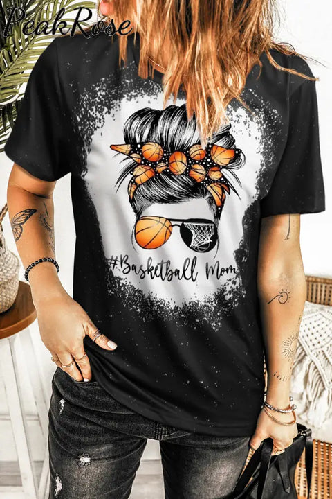 Leopard Basketball Mom Messy Bun Bleached Print T-Shirt T-Shirt