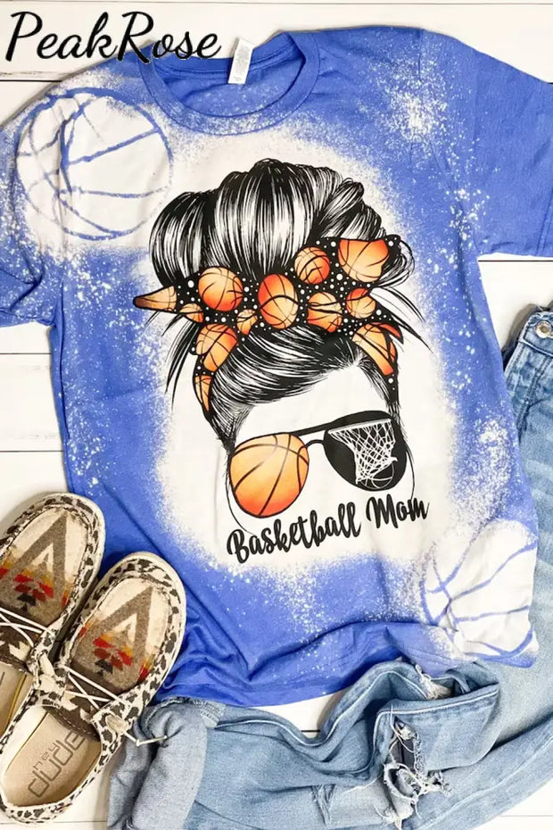 Leopard Basketball Mom Messy Bun Bleached Print T-Shirt Blue / S T-Shirt