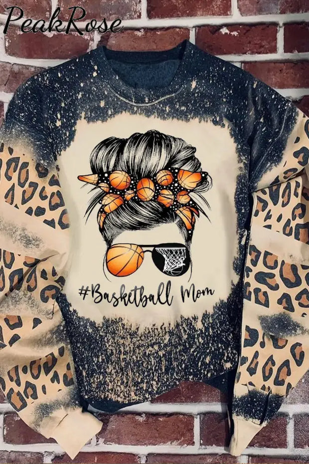 Leopard Basketball Mom Messy Bun Bleached Sweatshirt