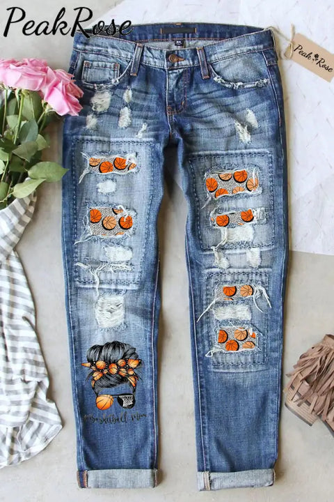 Leopard Basketball Mom Messy Bun Denim Jeans