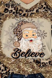 Leopard Christmas Believe Santa Short Sleeve T-Shirt