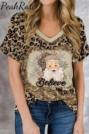 Leopard Christmas Believe Santa Short Sleeve T-Shirt S / Golden