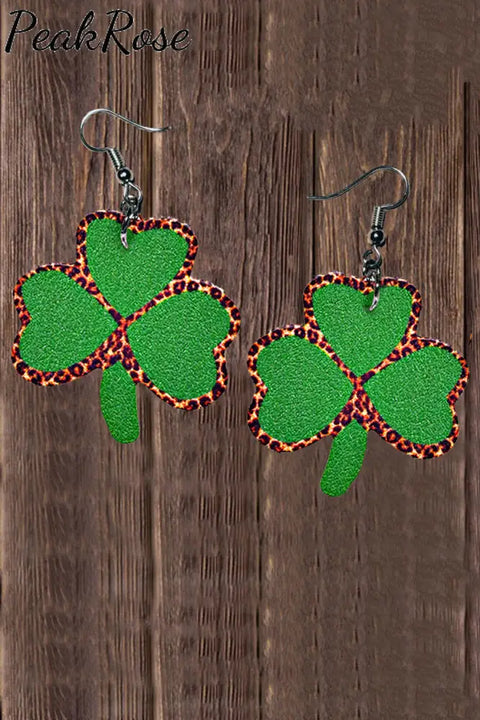 Leopard Clover Print Pu Leather Earrings Green / One Size