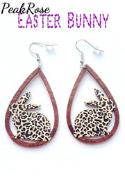 Leopard Easter Bunny Rabbit Teardrop Wooden Earrings