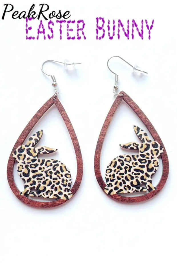 Leopard Easter Bunny Rabbit Teardrop Wooden Earrings