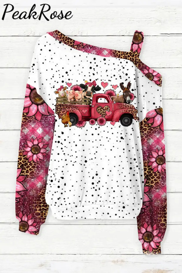 Leopard Farm Animals Truck Off-Shoulder Blouse