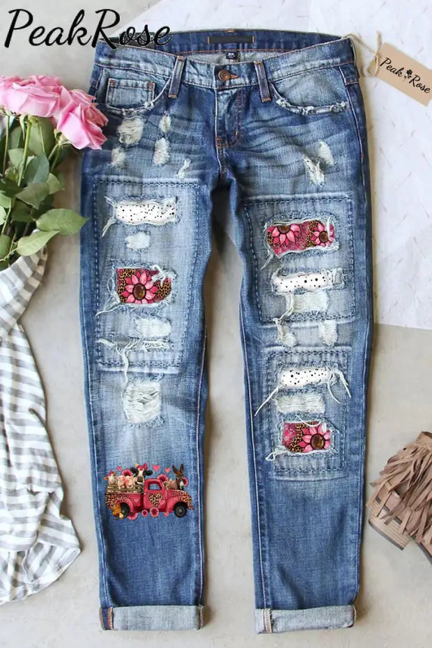 Leopard Farm Animals Truck Ripped Denim Jeans S / Blue