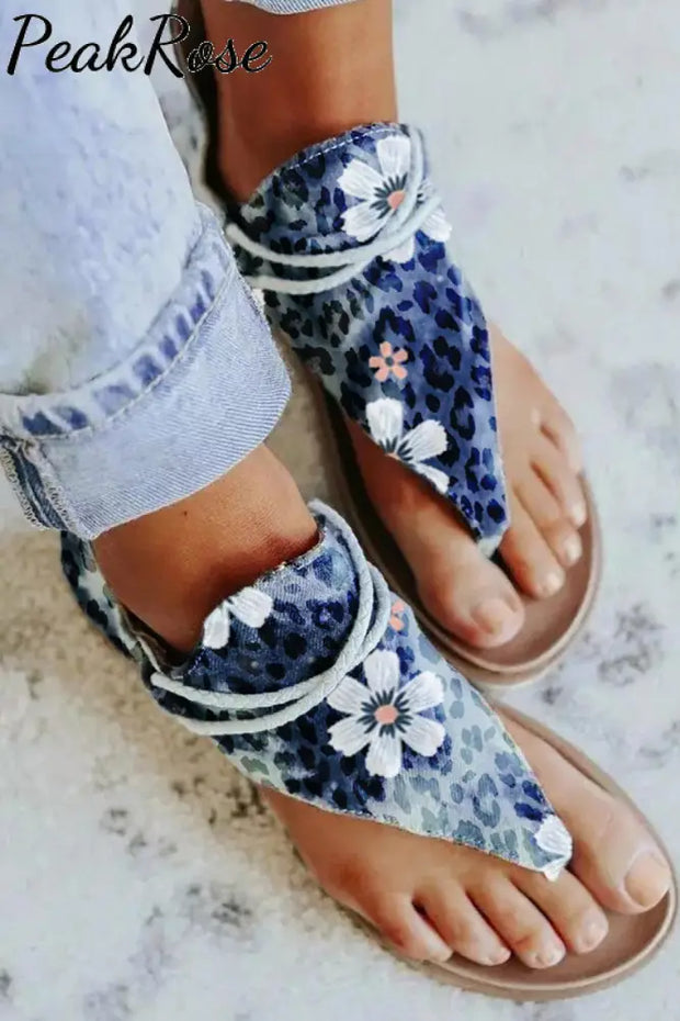 Leopard Floral Lace-Up Gladiator Sandals Blue / 4.5(36)