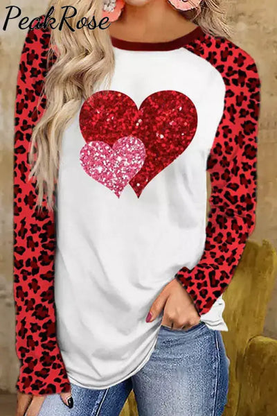 Leopard Glitter Heart Round Neck Tunic S / White