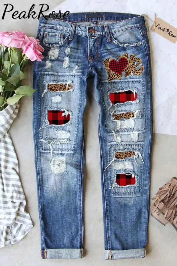 Leopard Heart Print Ripped Denim Jeans