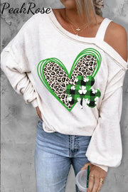 Leopard Heart-Shape Clover Asymmetrical Neck Casual Off-Shoulder Blouse