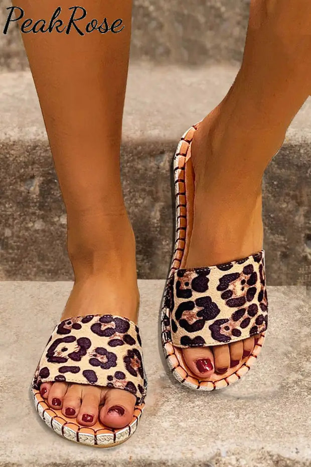 Leopard Open Toes Flat Slide Sandals / 4.5(36) Slippers