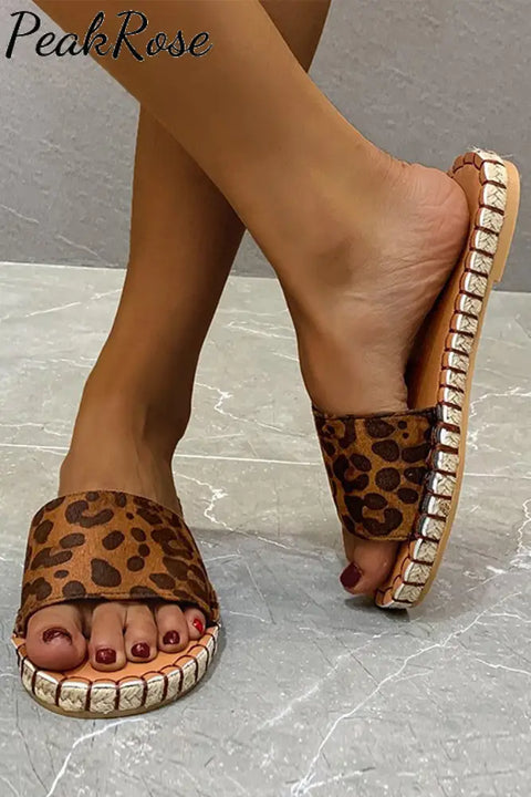 Leopard Open Toes Flat Slide Sandals Slippers