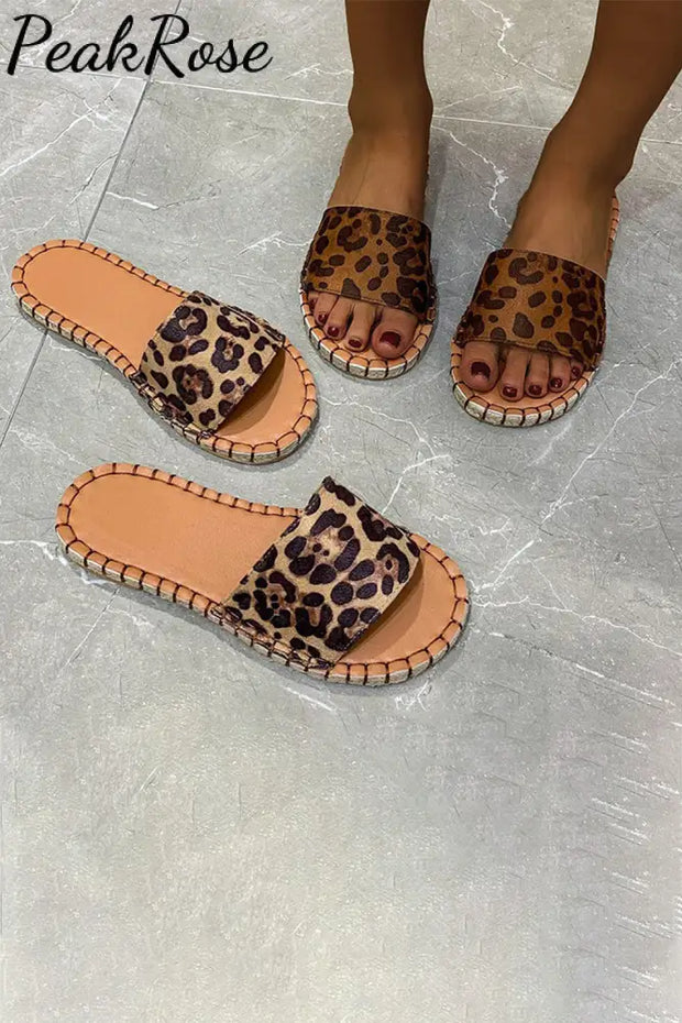 Leopard Open Toes Flat Slide Sandals Slippers