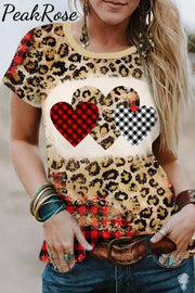 Leopard Plaid Heart Print Bleached T-Shirt