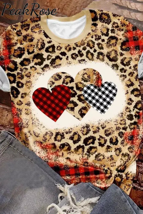 Leopard Plaid Heart Print Bleached T-Shirt