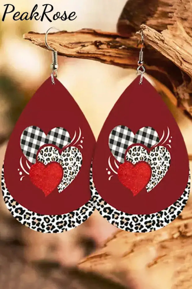 Leopard Plaid Heart Pu Leather Earrings