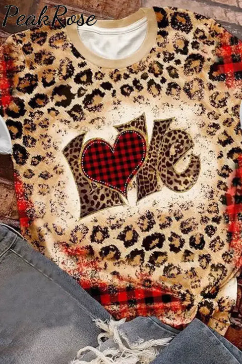 Leopard Plaid Love Heart Bleached T-Shirt