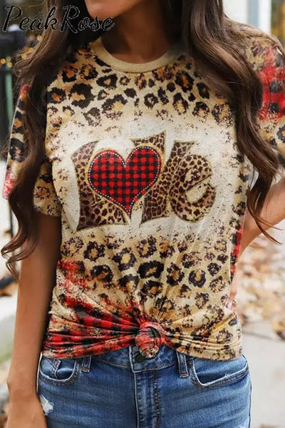 Leopard Plaid Love Heart Bleached T-Shirt S /