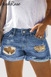 Leopard Print Heart Denim Shorts S / Blue