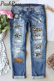 Leopard Print Heart Ripped Denim Jeans