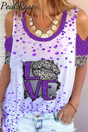 Leopard Print Lips Purple Sequin Love Cold Shoulder T-Shirt T-Shirt