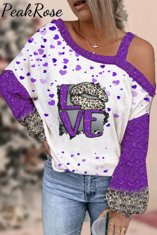 Leopard Print Lips Purple Sequin Love Off-Shoulder Blouse