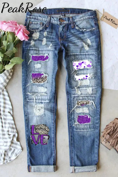 Leopard Print Lips Purple Sequin Love Ripped Denim Jeans