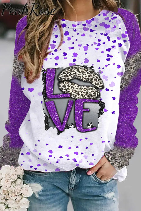 Leopard Print Lips Purple Sequin Love Sweatshirt S / White