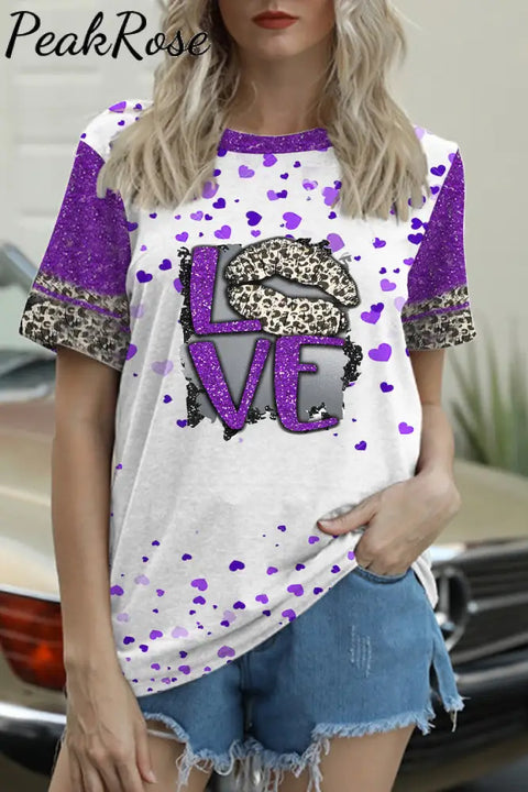 Leopard Print Lips Purple Sequin Love T-Shirt S / White