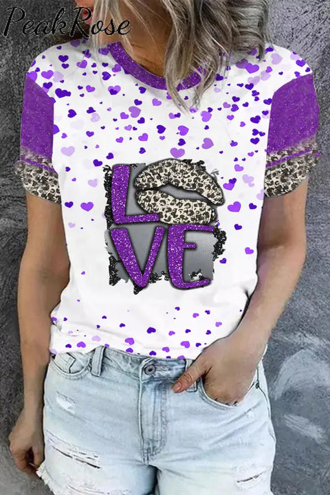 Leopard Print Lips Purple Sequin Love T-Shirt S / White