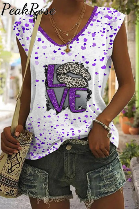 Leopard Print Lips Purple Sequin Love Tank Top S / White V-Neck